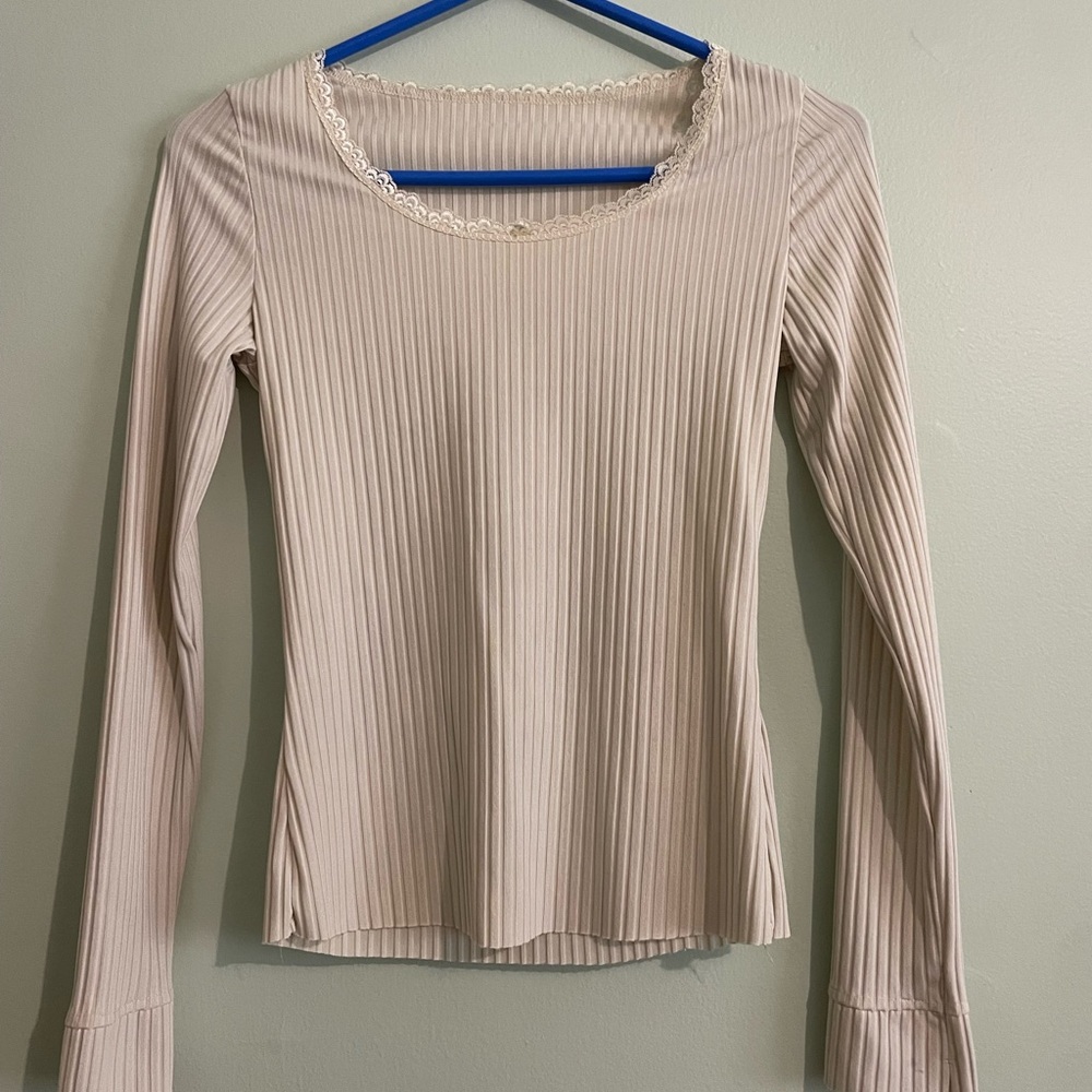 Elegant Cream Ribbed Long Sleeve Top